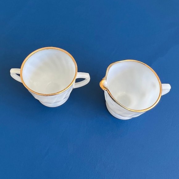 Fire King Milk Glass Creamer and Sugar Bowl, Anchor Hocking, 22 Karat Gold Trim - Picture 4 of 6